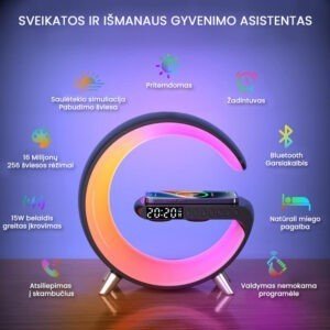 Lámpara LED con cargador de teléfono inalámbrico, altavoz y despertador. Užsisakykite Trendai.lt 17