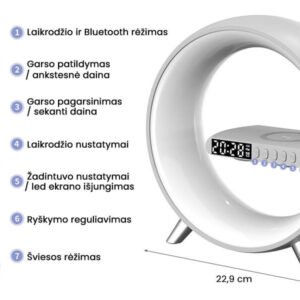 Lámpara LED con cargador de teléfono inalámbrico, altavoz y despertador. Užsisakykite Trendai.lt 15