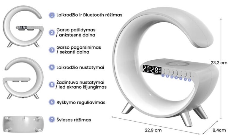 Lámpara LED con cargador de teléfono inalámbrico, altavoz y despertador. Užsisakykite Trendai.lt 8