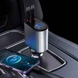 Potente cargador de teléfono de carga rápida para coche de 100W con dos cables USB USB-C y voltímetro Užsisakykite Trendai.lt 17